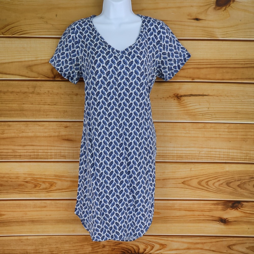 H&M LOGG Dress Womens 0 Blue Leaves Knee Length Short Sleeves V-Neck Lightweight